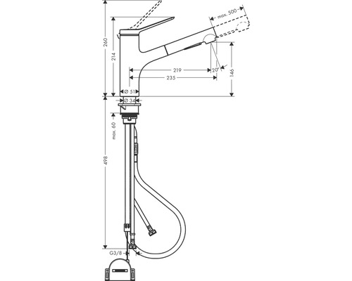 Technische Zeichnung einer Küchenarmatur mit Maßangaben
