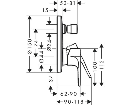 Maßzeichnung einer Armatur mit verschiedenen Längenangaben