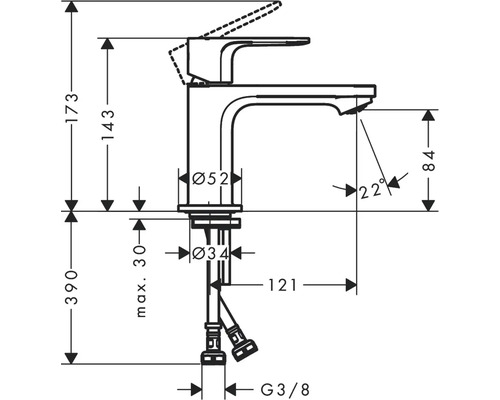 Technische Zeichnung einer Armatur mit Maßangaben