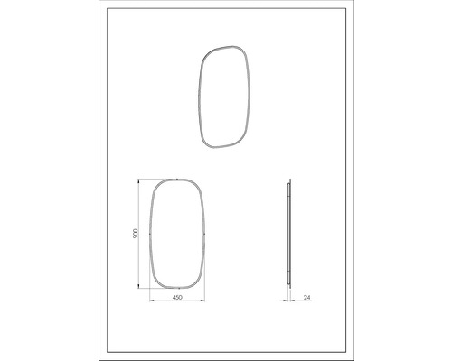Technische Zeichnung eines Spiegels mit den Maßen 900 x 450 x 24 mm.