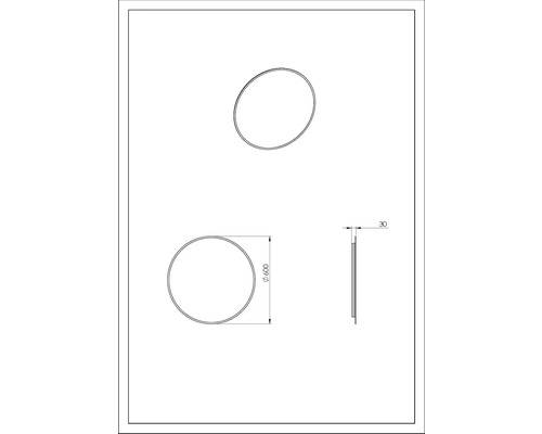 Technische Zeichnung eines runden Spiegels mit Durchmesser 600 mm und Dicke 30 mm
