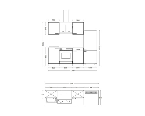 Skizze einer Küche mit Maßen