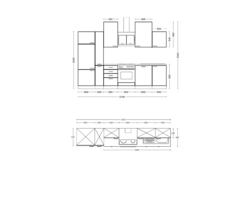 Maßskizze einer Küchenzeile mit Schränken, Herd, Spüle und Dunstabzugshaube.