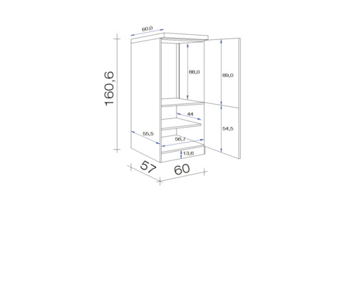 Technische Zeichnung eines Schranks mit Höhen-, Breiten- und Tiefenangaben