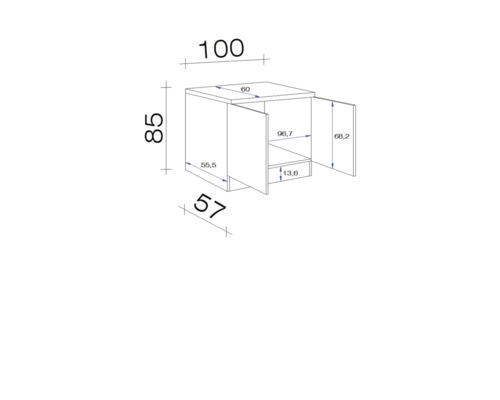 Technische Zeichnung eines Badezimmerunterschranks mit Maßangaben.