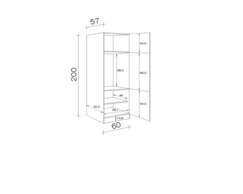 Technische Zeichnung eines offenen Hochschranks mit Maßen.