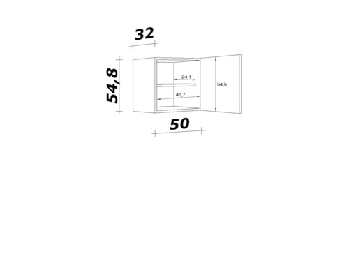 Technische Zeichnung eines Hängeschranks mit Maßangaben