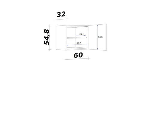 Technische Zeichnung eines Hängeschranks mit Maßen