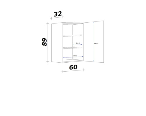 Technische Zeichnung eines Hängeschranks mit Maßen