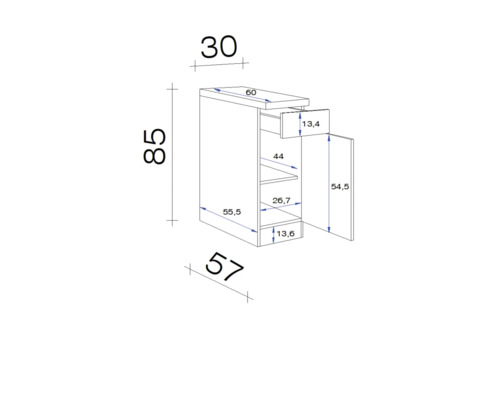 Technische Zeichnung eines Unterschranks mit Schublade und Tür inklusive Maßangaben