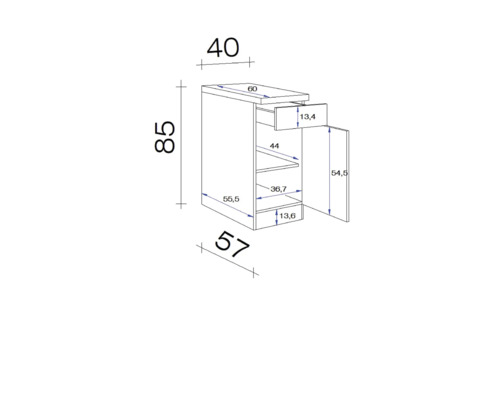 Maßzeichnung eines Unterschranks mit Schublade und Tür mit Maßangaben