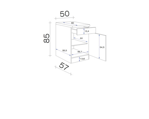 Technische Zeichnung eines Unterschranks mit Schublade und Tür