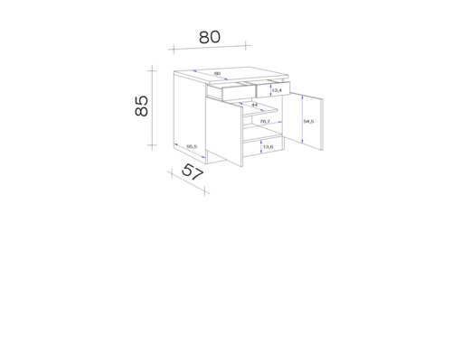 Technische Zeichnung eines Waschtischunterschranks mit Maßen.