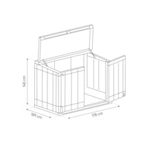 Illustration einer Gartenbox mit den Maßen 140 cm Höhe, 109 cm Tiefe und 178 cm Breite