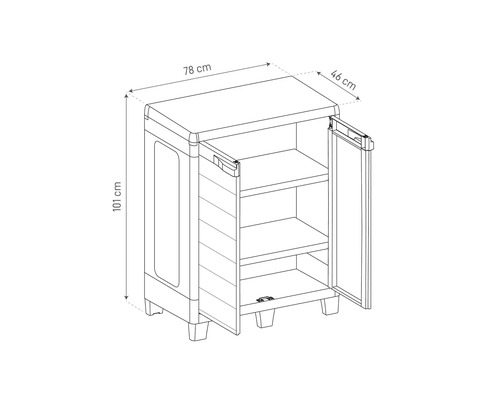 Abbildung eines Kunststoffschranks mit Abmessungen 78 x 46 x 101 cm