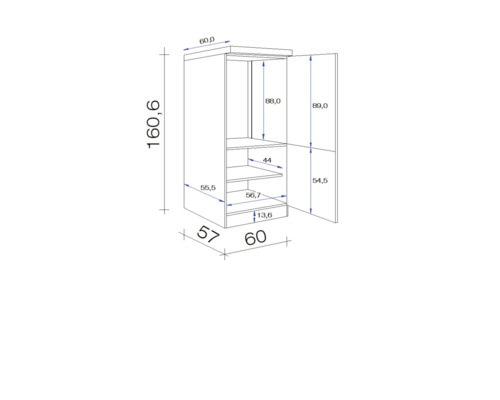 Technische Zeichnung eines Schranks mit Maßangaben.