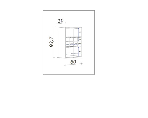 Maßzeichnung eines Wandschranks mit Fächern, Höhe 93,7 cm, Breite 60 cm, Tiefe 30 cm