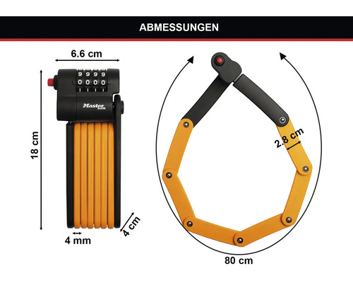 Abmessungen eines Fahrradschlosses mit Zahlencode von Master Lock