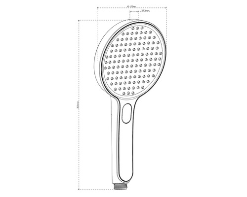 Zeichnung eines Handbrausekopfes mit Maßangaben