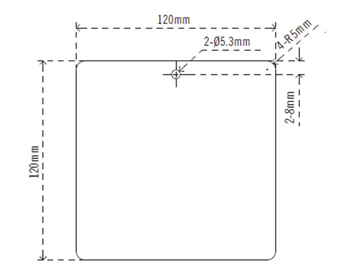 Technische Zeichnung einer quadratischen Platte mit den Maßen 120 mal 120 Millimeter