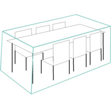 Illustration eines Esstisches mit Stühlen unter einer Abdeckung