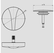 Technische Zeichnung eines Ablaufventils mit den Maßen 70 Millimeter und 84 Millimeter Durchmesser.