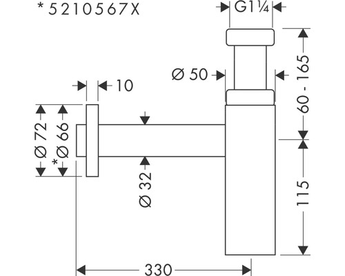 Technische Zeichnung eines Siphons mit Maßangaben
