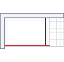 Raumansicht mit Fenster, roter Leiste und Gitterstruktur