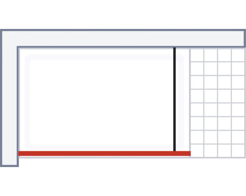 Raumansicht mit Fenster, roter Leiste und Gitterstruktur