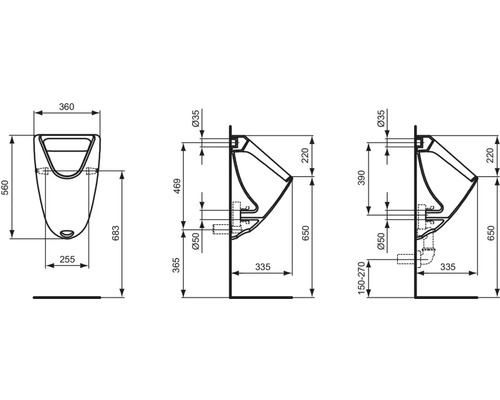 Technische Zeichnung eines Urinals mit Maßangaben