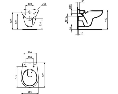 Technische Zeichnung einer wandhängenden Toilette mit allen Maßen