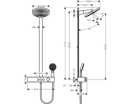 Technische Zeichnung einer Duschsäule mit Maßangaben.