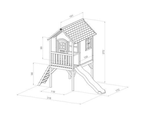 Technische Zeichnung eines Spielhauses mit Rutsche und Maßen
