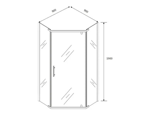 Technische Zeichnung einer Duschkabine mit den Maßen 900 mal 900 mal 1900 Millimeter.