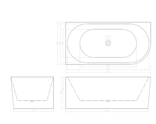 Technische Zeichnung einer Badewanne mit Maßangaben