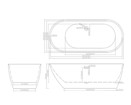 Technische Zeichnung einer Badewanne mit Maßangaben