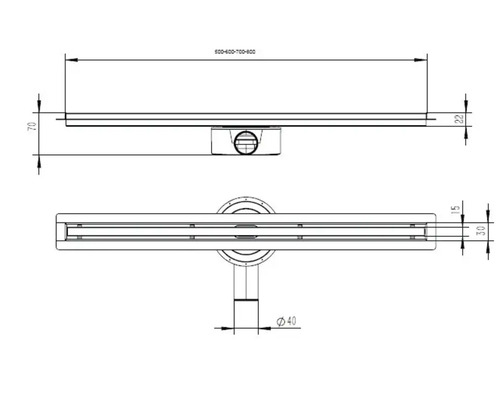Technische Zeichnung einer Duschrinne mit Abmessungen
