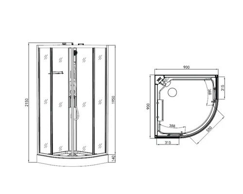 Technische Zeichnung einer Duschkabine mit Maßen