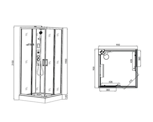 Technische Zeichnung einer Duschkabine mit Maßangaben