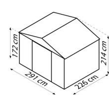 Technische Zeichnung eines Gartenhauses mit Maßangaben: Höhe 172 Zentimeter und 214 Zentimeter, Breite 291 Zentimeter und 226 Zentimeter.