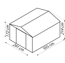 Skizze eines Gartenhauses mit den Maßen 291 Zentimeter mal 355 Zentimeter und einer Höhe von 172 Zentimetern an der Vorderseite und 214 Zentimetern an der Rückseite