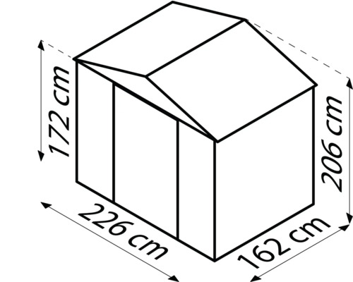 Illustration eines Gerätehauses mit Maßangaben: 172 cm Höhe vorne, 206 cm Höhe hinten, 226 cm Breite und 162 cm Tiefe