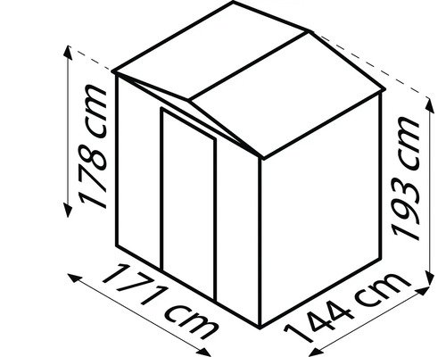 Abbildung eines Gerätehauses mit den Maßen 178 cm Höhe, 171 cm Breite, 193 cm Höhe und 144 cm Breite.