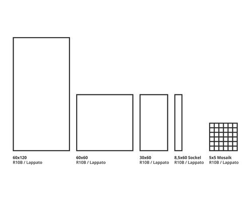 Verschiedene Fliesengrößen mit Rutschhemmung R10B und Lappato Oberfläche