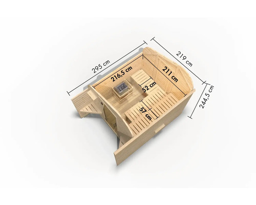 Draufsicht einer Sauna mit Maßangaben für Länge, Breite und Höhe in Zentimetern.