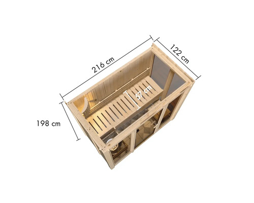 Sauna mit den Maßen 216 Zentimeter Länge, 122 Zentimeter Breite und 198 Zentimeter Höhe