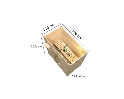 Abmessungen einer Gartensauna aus Holz: 113 cm x 196 cm x 228 cm, mit Tritt von 27 cm und Sitzbank von 57 cm