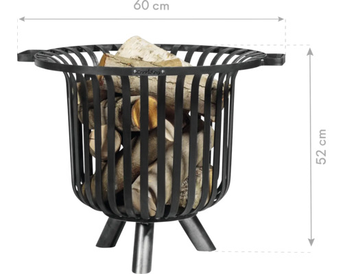 Brennholzkorb aus Metall mit einer Höhe von 52 Zentimetern und einer Breite von 60 Zentimetern.