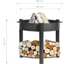 Feuerschale aus Stahl mit Holzscheitablage und den Maßen 88 x 80 Zentimeter.
