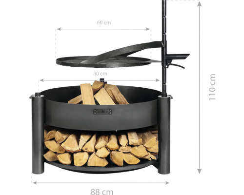 Feuerstelle mit Grillrost und Holzscheiten, Maße 88 x 80 x 110 cm